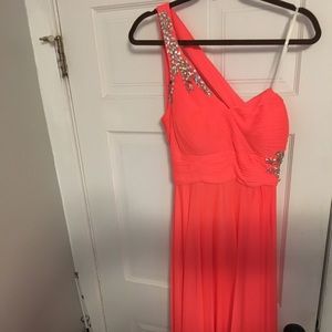 Coral Long One Shoulder Strappy Back Prom Dress